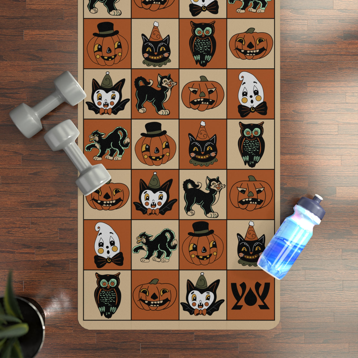 Halloween Cats & Pumpkins, Ghosts & Ghouls Rubber Yoga Mat — Festive Fall Yoga Mat