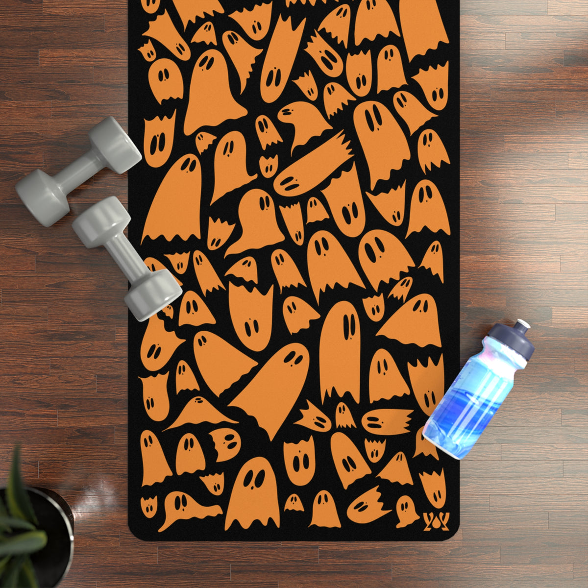 Halloween Ghosts Rubber Yoga Mat — Orange & Black Spooky Pattern