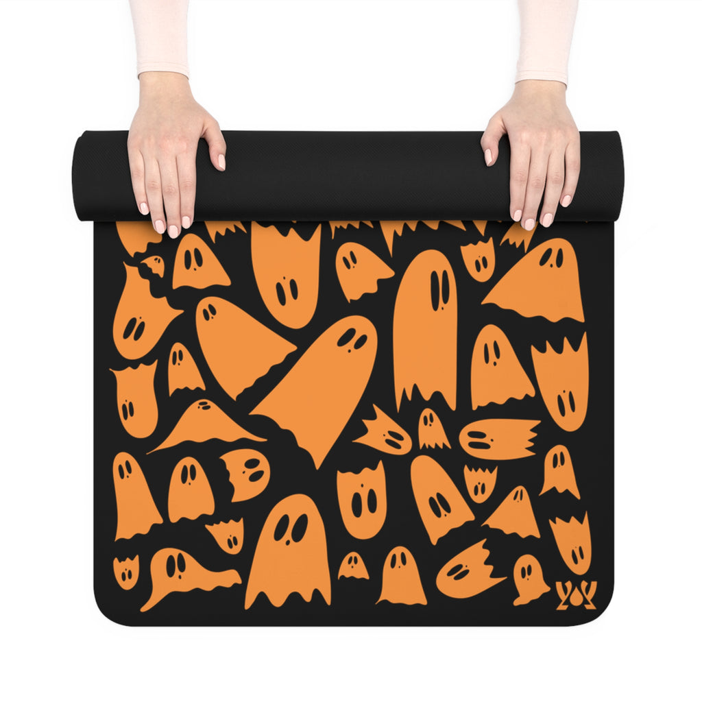 Halloween Ghosts Rubber Yoga Mat — Orange & Black Spooky Pattern
