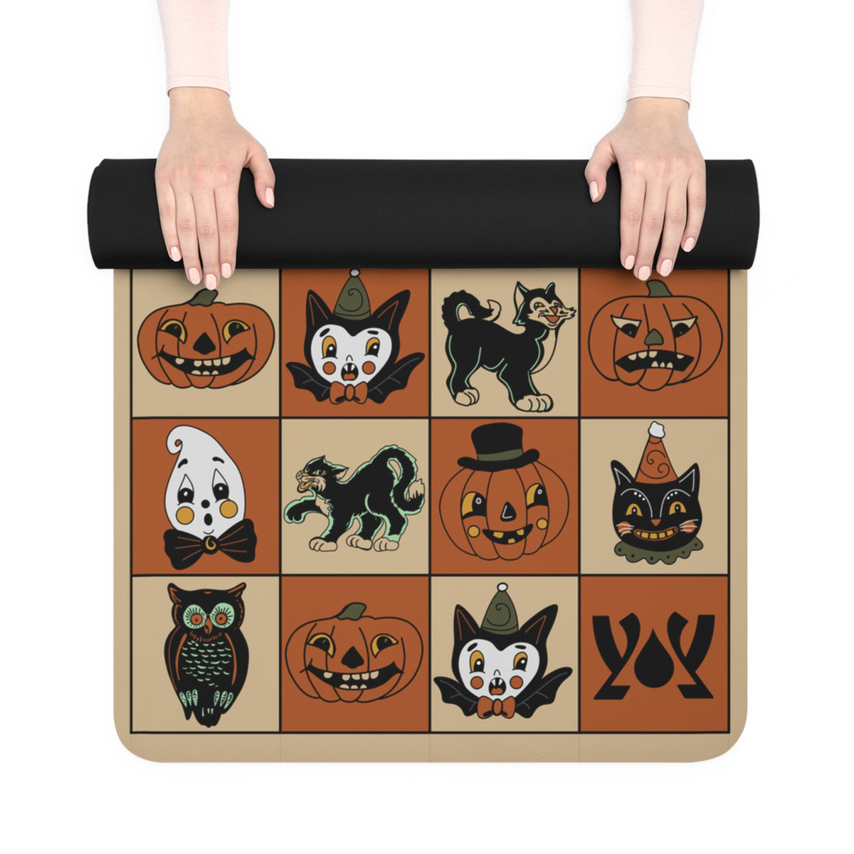 Halloween Cats & Pumpkins, Ghosts & Ghouls Rubber Yoga Mat — Festive Fall Yoga Mat
